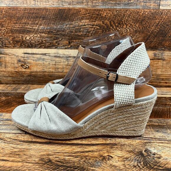 Lucky Brand Macrimay Espadrille Wedge Heels Women's 9 Tan Fabric Sandals Bow - Picture 2 of 12